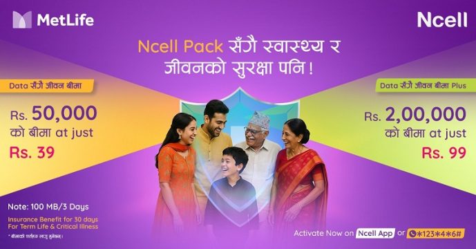 एनसेलका डेटा प्याक प्रयोगकर्तालाई नयाँ सुविधा, ९९ रुपैयाँको प्याकमा २ लाखको बीमा