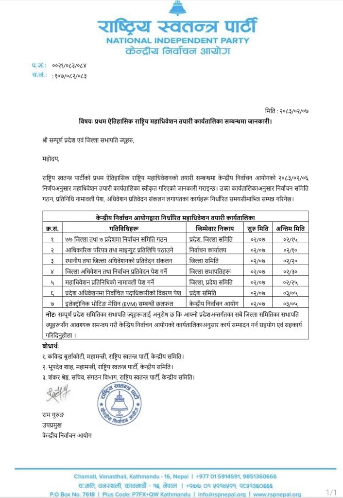 रास्वपाको महाधिवेशन तयारी कार्यतालिका आयो, प्रतिनिधिको नाम जेठ २५ सम्म पेस गर्नुपर्ने