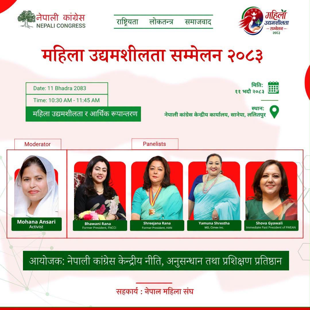 कांग्रेसले ११ गते महिला उद्यमशीलता सम्मेलन गर्ने, तीनवटा विषयमा प्यानल छलफल